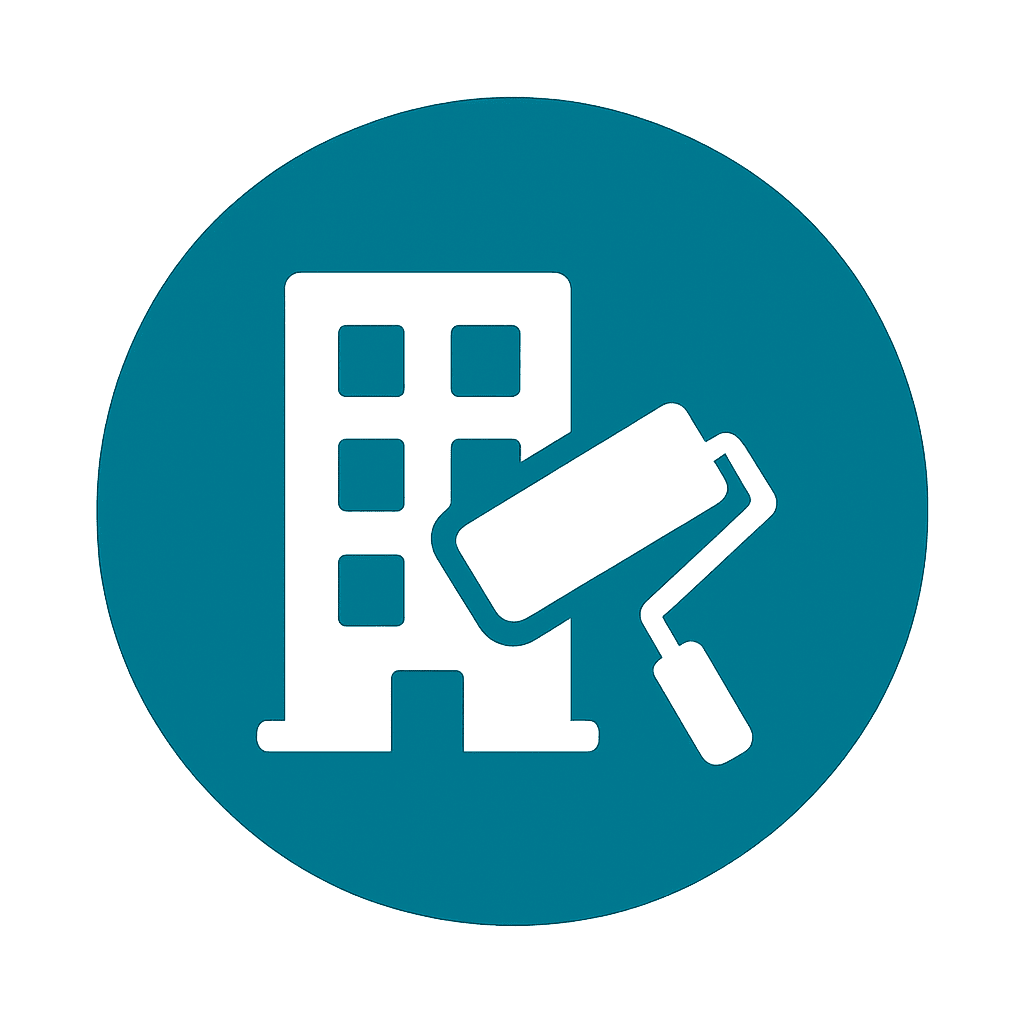 Commercial painting services icon – office building with paint roller